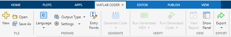 Screenshot of the MATLAB Coder toolstrip.