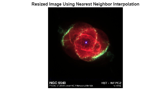 Figure contains an axes object. The hidden axes object with title Resized Image Using Nearest Neighbor Interpolation contains an object of type image.