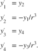 $$\begin{array}{cl} y'_1 &= y_2\\ y'_2 &= -y_1/r^3\\ y'_3 &= y_4 \\ y'_4 &= -y_3/r^3.\end{array}$$