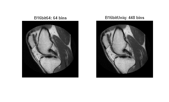 Figure contains 2 axes objects. Hidden axes object 1 with title B16bit64: 64 bins contains an object of type image. Hidden axes object 2 with title B16bitUniq: 448 bins contains an object of type image.