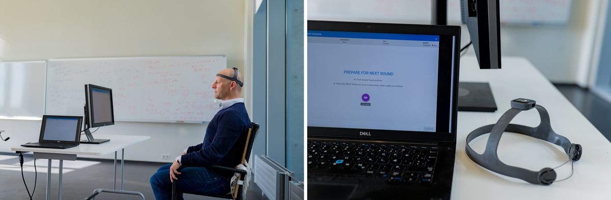 Two side-by-side images, one of the neck movement assessment setup and the other of the IMU headgear.