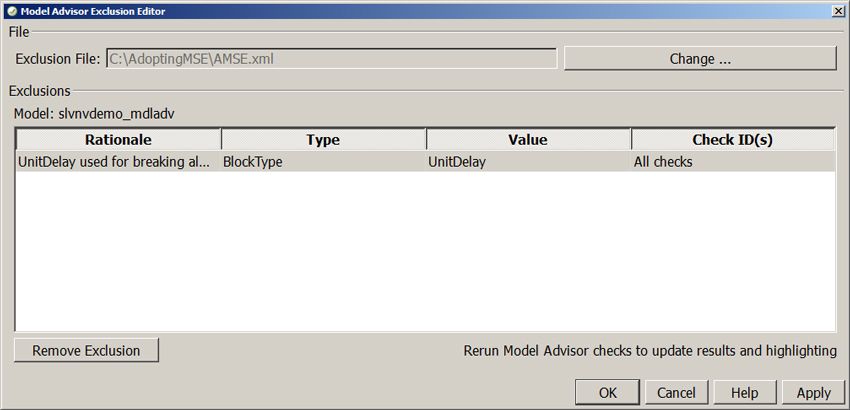Figure 1. The Model Advisor Exclusion Editor.