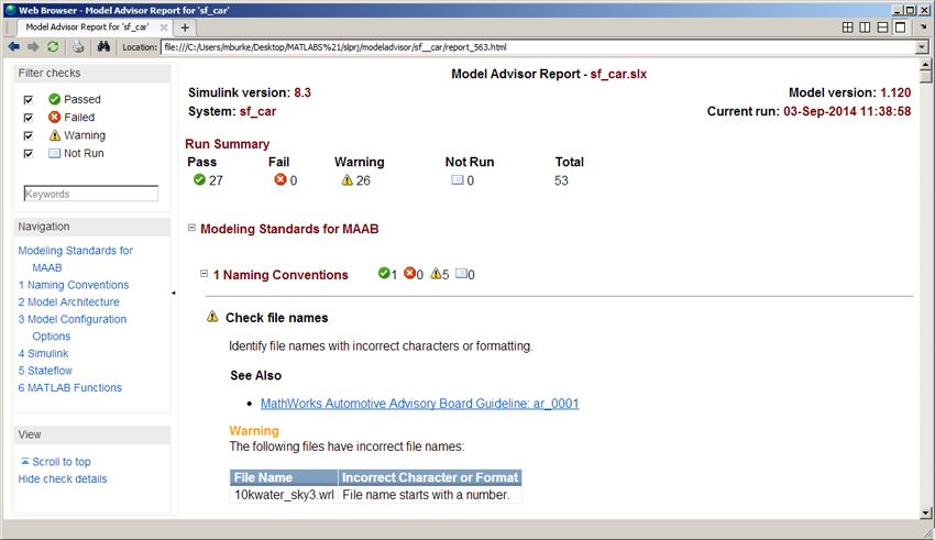 Figure 2. A Model Advisor report.
