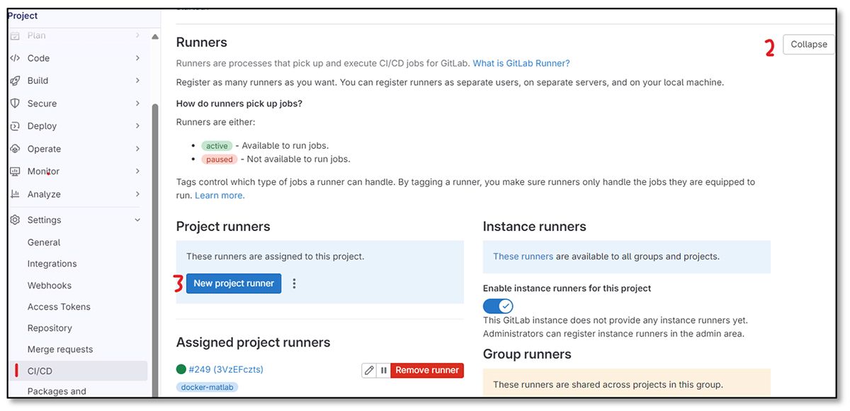 A screenshot showing the GitLab runners settings page, guiding users on how to manage runners for CI/CD job execution.