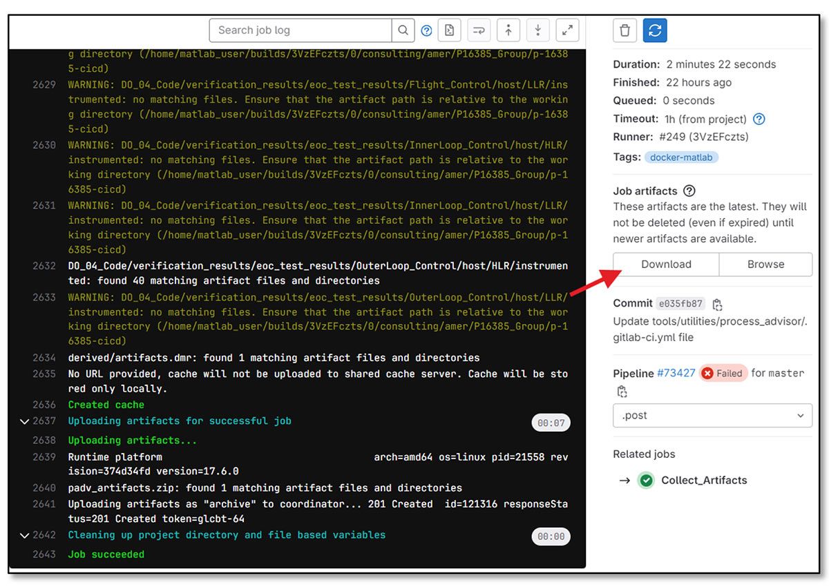 A screenshot showing the GitLab pipeline output terminal, where users can view and download results from the final job in the pipeline.