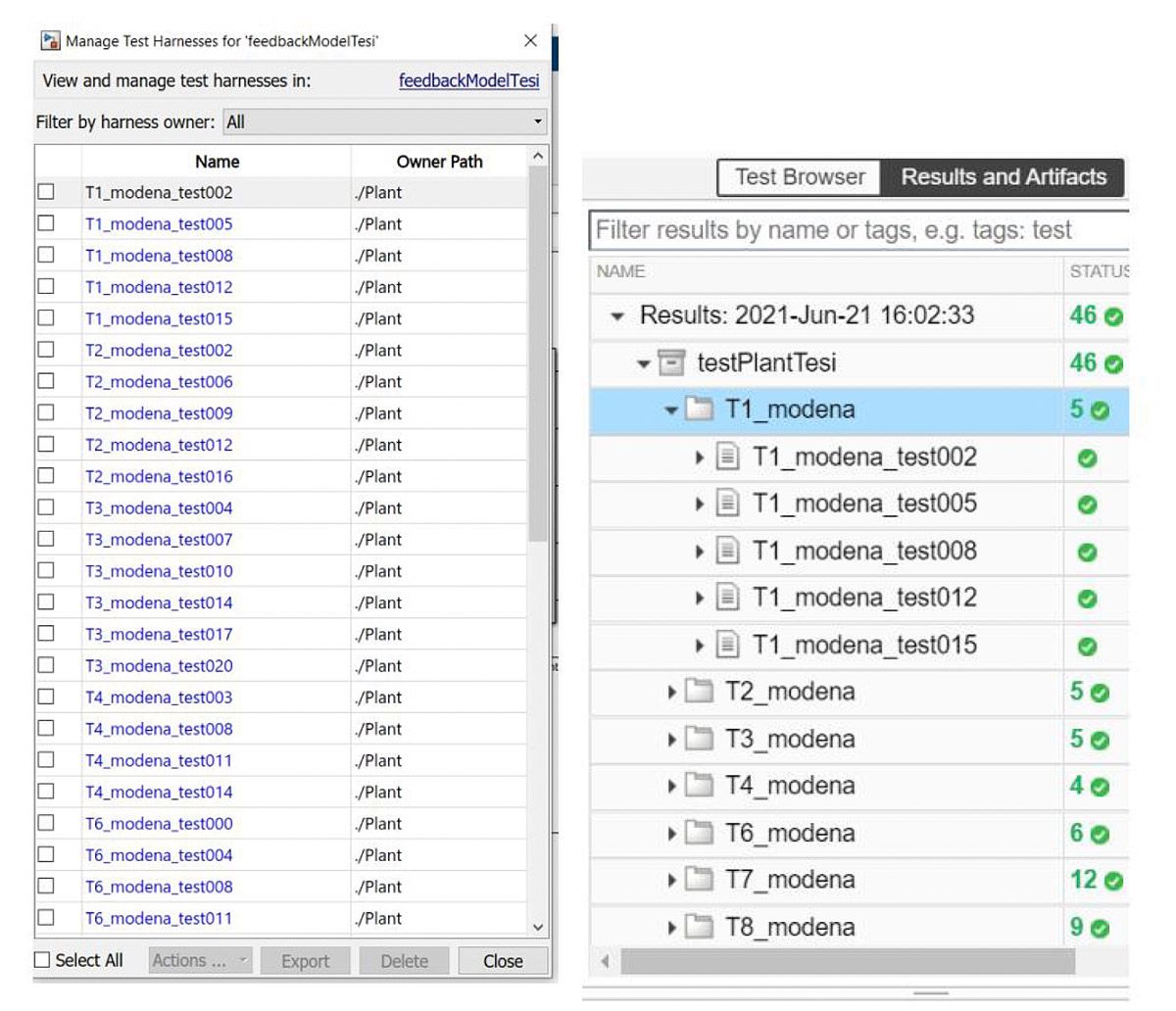 A screenshot of the test harnesses for a single component shown side-by-side with a screenshot of the test manager organizing multiple test results.