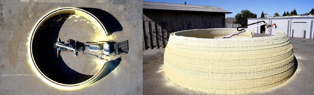 These images show MIT's robotic system 3D printing the external structure of a building.