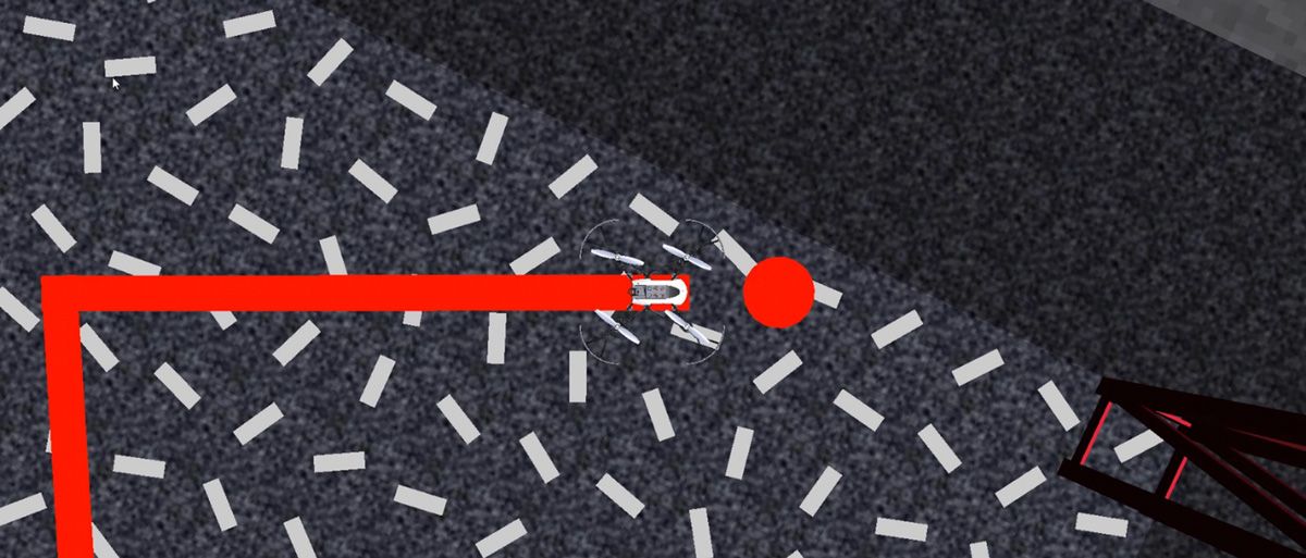 Simulated view from above of the end of the flight path and the designated landing area for the drone. 