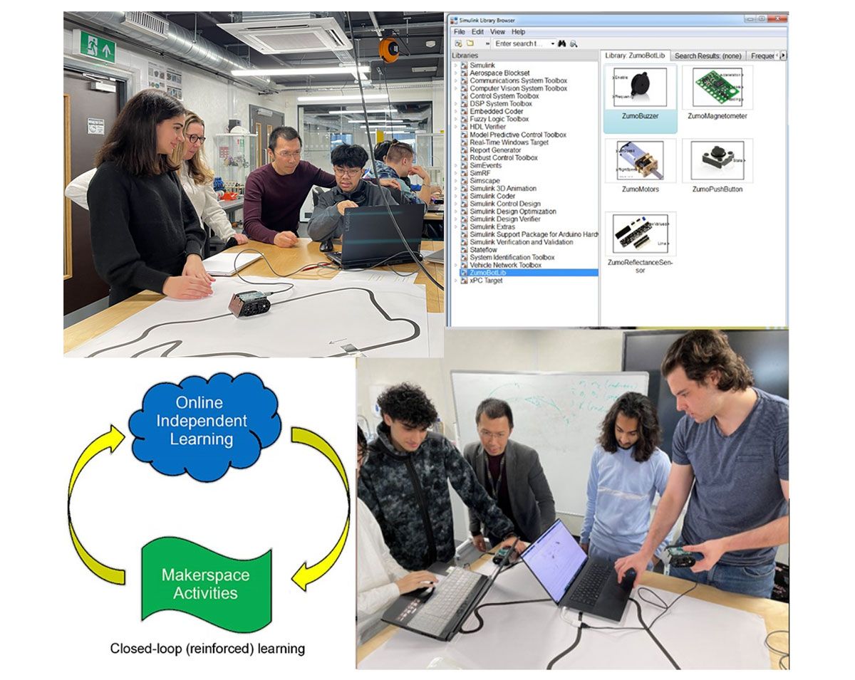 Clockwise from top-left: Dr. Cheah discussing a project with students in a makerspace, a screenshot of Simulink Library for Zumo Robot, a student presenting their project, and a diagram of TEDI-London’s concept of project-based closed-loop learning.