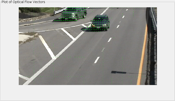 Two cars on a highway with green lines indicating optical flow vectors.