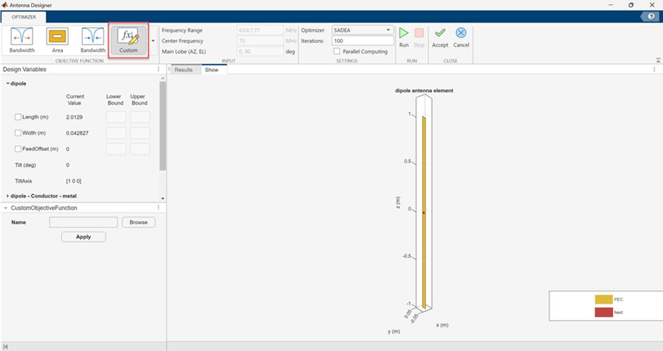 Antenna Designer App canvas with open optimizer tab.
