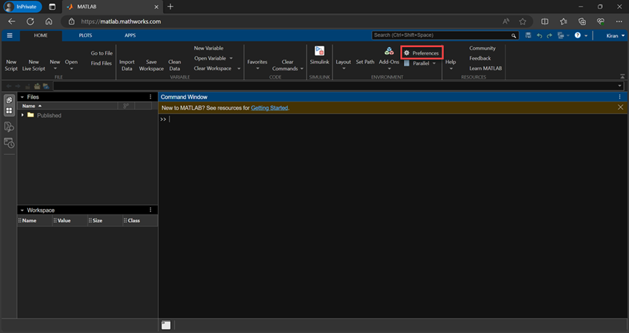 MATLAB Online window using dark theme.