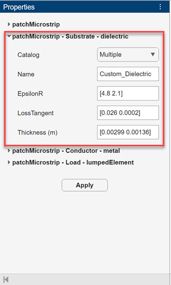 Antenna designer app properties panel with highlighted dielectric section mentioning multiple dielectrics.