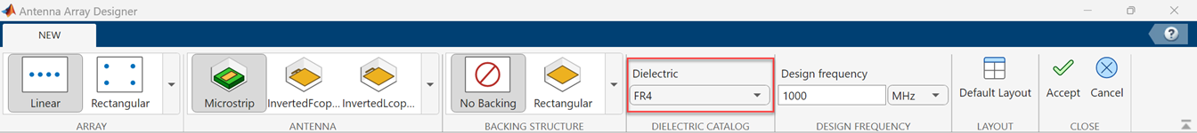 Antenna Array designer app toolstrip with highlighted dielectric section.
