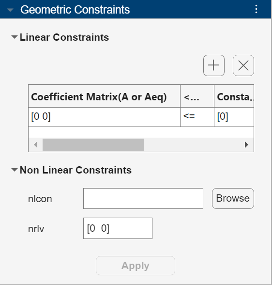 Antenna designer app geometric constraints panel in the optimizer tab.