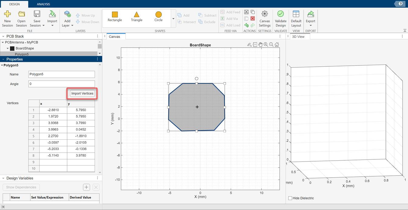 PCB Antenna Designer canvas with option to import polygon vertices data.