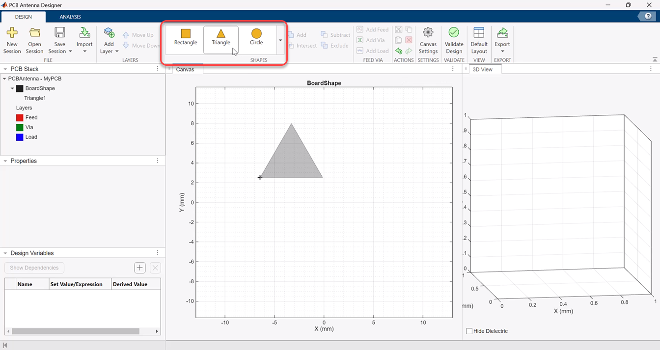 PCB Antenna Designer canvas with cursor placed on triangle shape.