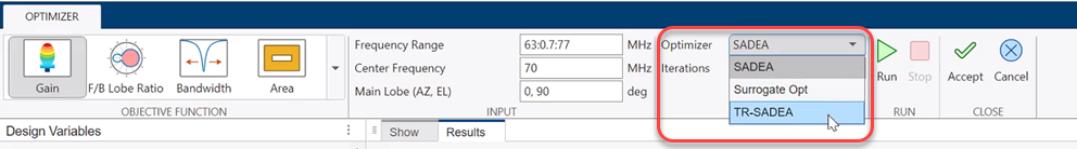 Optimizer tab with a drop down menu to select TR-SADEA as the optimizer.