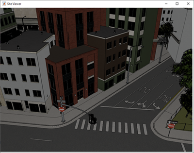 Site Viewer displaying a model with roads, buildings, street signs, and foliage