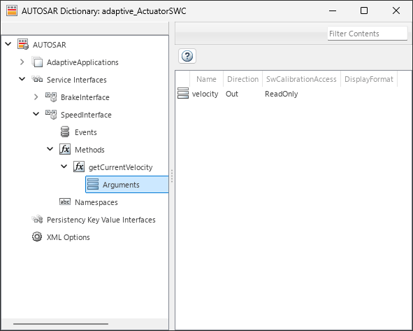 AUTOSAR Dictionary. The Service Interfaces node is expanded, SpeedInterface is expanded, Methods of SpeedInterface are expanded, operation getCurrentVelocity is expanded, and its arguments are selected. Out argument velocity is displayed.