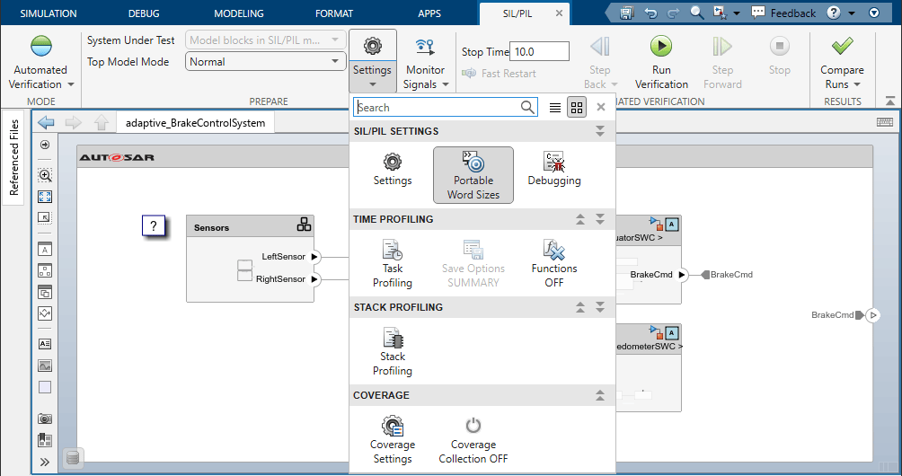 adaptive_BrakeControlSystem open to the SIL/PIL tab. The SIL/PIL Settings are displayed and Portable Word Sizes is selected.
