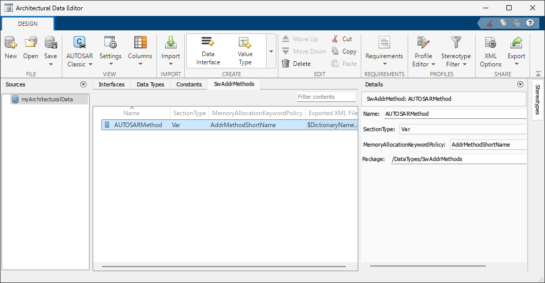 Software address method AUTOSARMethod is defined in the SwAddrMethods tab of the Architectural Data editor. The Details pane is expanded and exposes properties, Name, SectionType, MemoryAllocationKeywordPolicy, and Package.