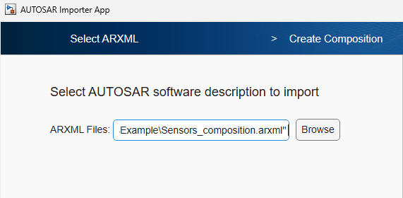 AUTOSAR Importer App. ARXML file Sensors_composition.arxml is selected.