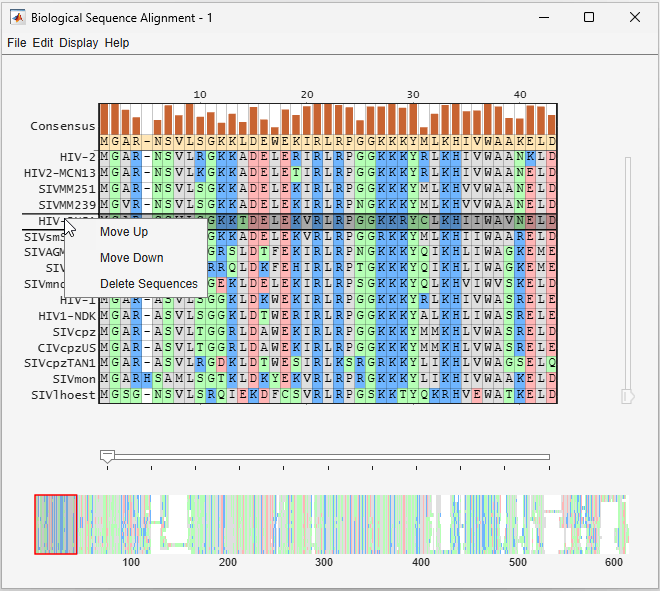 Sequence Alignment app showing the contenxt menu options to move rows up or down and delete sequences