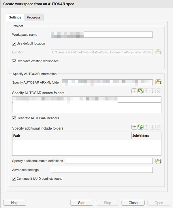 Create workspace from AUTOSAR spec window
