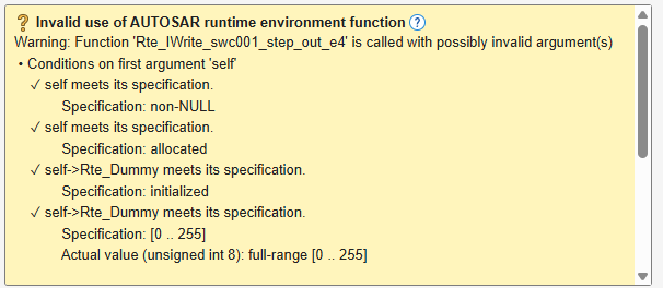 Orange check result for "Invalid use of AUTOSAR runtime environment function".