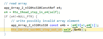 Source code for the function Rte_Array_n320to320ConstRef with the line causing the violation highlighted in yellow.