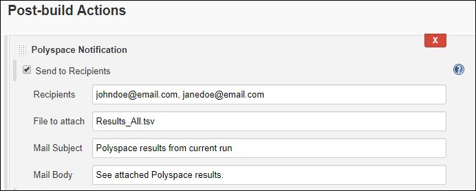 Enter email addresses of recipients, name of file with Polyspace results, mail subject and mail body.