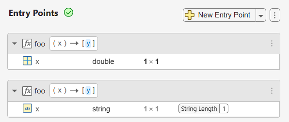 Input type specification for the function foo in the MATLAB Coder app showing two signatures.
