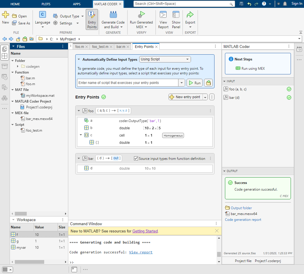MATLAB Coder app window showing toolstrip, Entry Points pane, and Code Generation panel