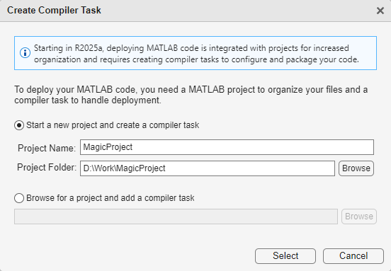 Create compiler task dialog box with the text 'To deploy your MATLAB code, you need a MATLAB project to organize code and a compiler task to handle deployment.' The option 'Start a new project and create a compiler task' is selected.