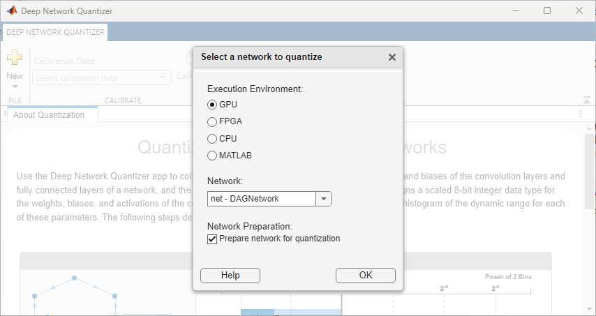 Options window titled "Select a network to quantize" inside the Deep Network Quantizer app. The window includes the existing Execution Environment and Network options as well as the new Network Preparation check box option.