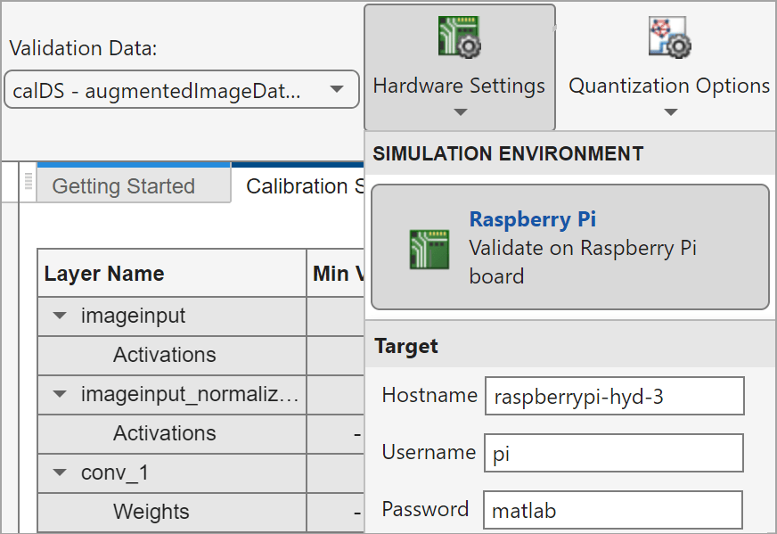 Deep Network Quantizer app showing Raspberry Pi as the target hardware with its Hostname, Username and Password
