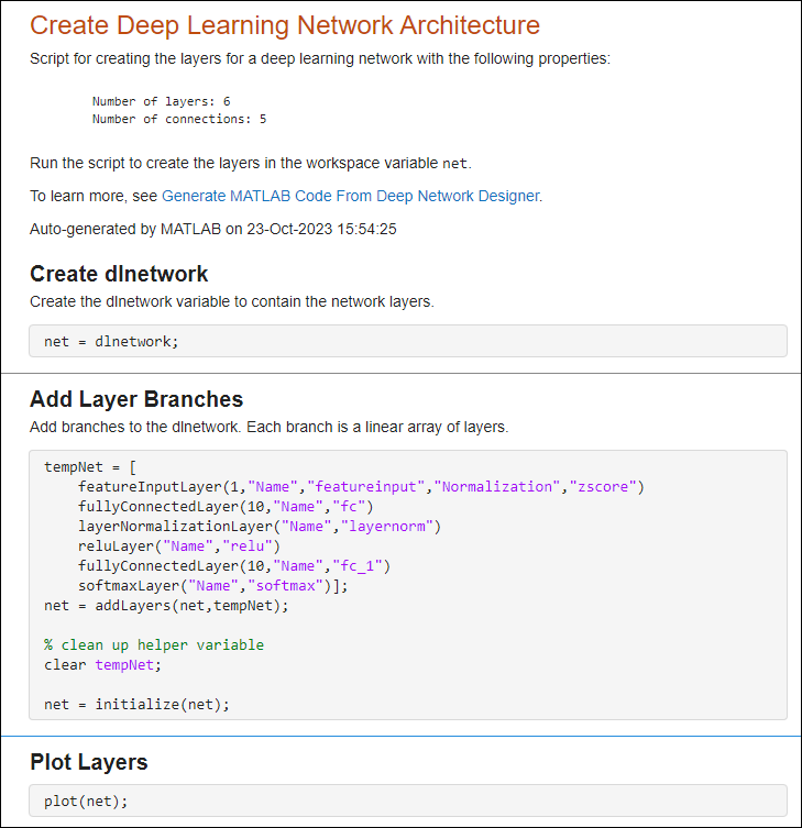 Example live script generated using Deep Network Designer