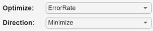 ErrorRate is selected for the Optimize field, and Minimize is selected for the Direction field.
