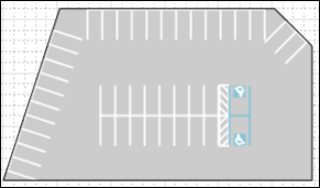 Nonrectangular parking lot with spaces along edges and an interior parking grid containing multiple parking space types.