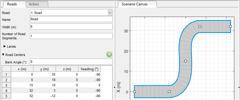 Road headings in Driving Scenario Designer app