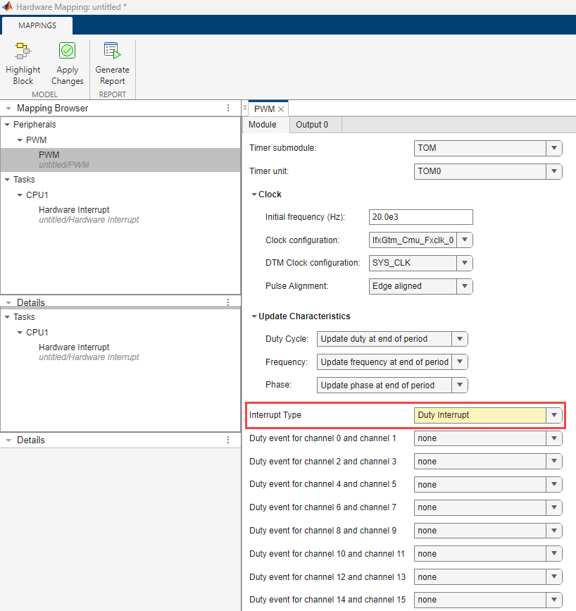 Duty Interrupt configuration in Hardware Mapping tool