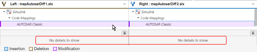 Two models are compared in the Simulink Comparison Tool. The label AUTOSAR Classic under Code Mappings is selected but it is empty. The lower panes of the tool display both No details to show.