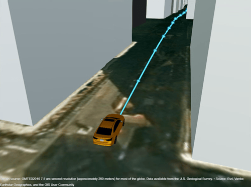 An orange sedan on a blue trajectory.
