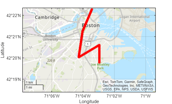 Figure contains an axes object with type geoaxes. The geoaxes contains a line object which displays its values using only markers.
