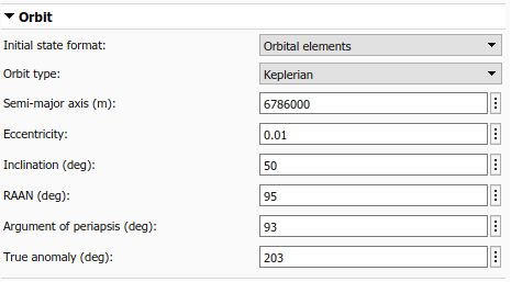 Spacecraft Dynamics Orbit tab with Orbital elements initial state format