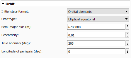 Spacecraft Dynamics Orbit tab with orbital elements initial state format and elliptical equatorial orbit type