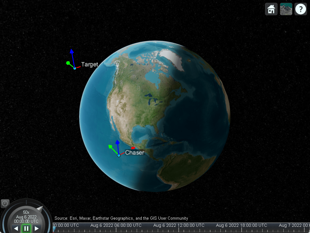 Satellite scenario viewer for chaser and target with coordinate axes