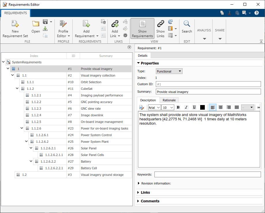 Requirerments Editor showing additional requirements decomposed from the top-level requirement to create a hierarchy of requirements for the architecture.