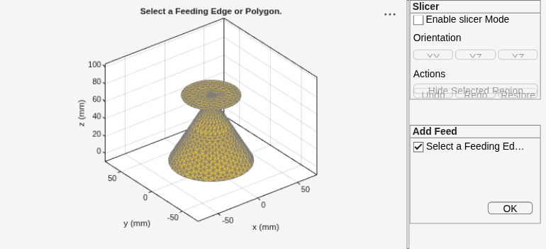 Figure Create Feed contains an axes object and other objects of type uipanel. The axes object with title Select a Feeding Edge or Polygon., xlabel x (mm), ylabel y (mm) is empty.